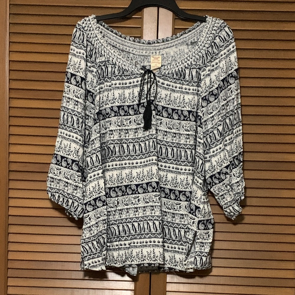 Vintage Y2K Boho Faded Glory Peasant Blouse 3/4 Sleeve Tassel Ties 2X 18W - 20W